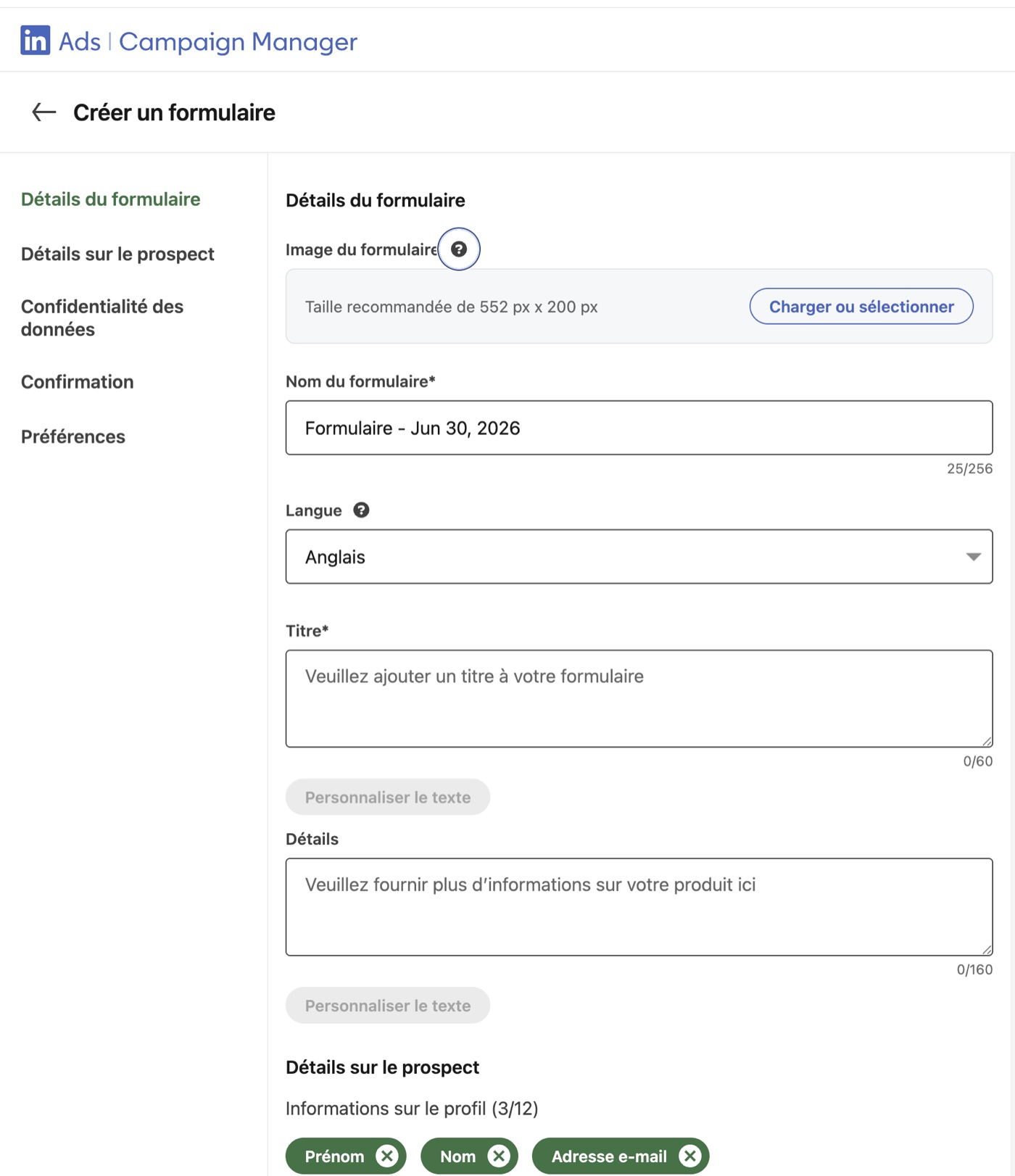 Création d'un formulaire Lead Gen sur LinkedIn
