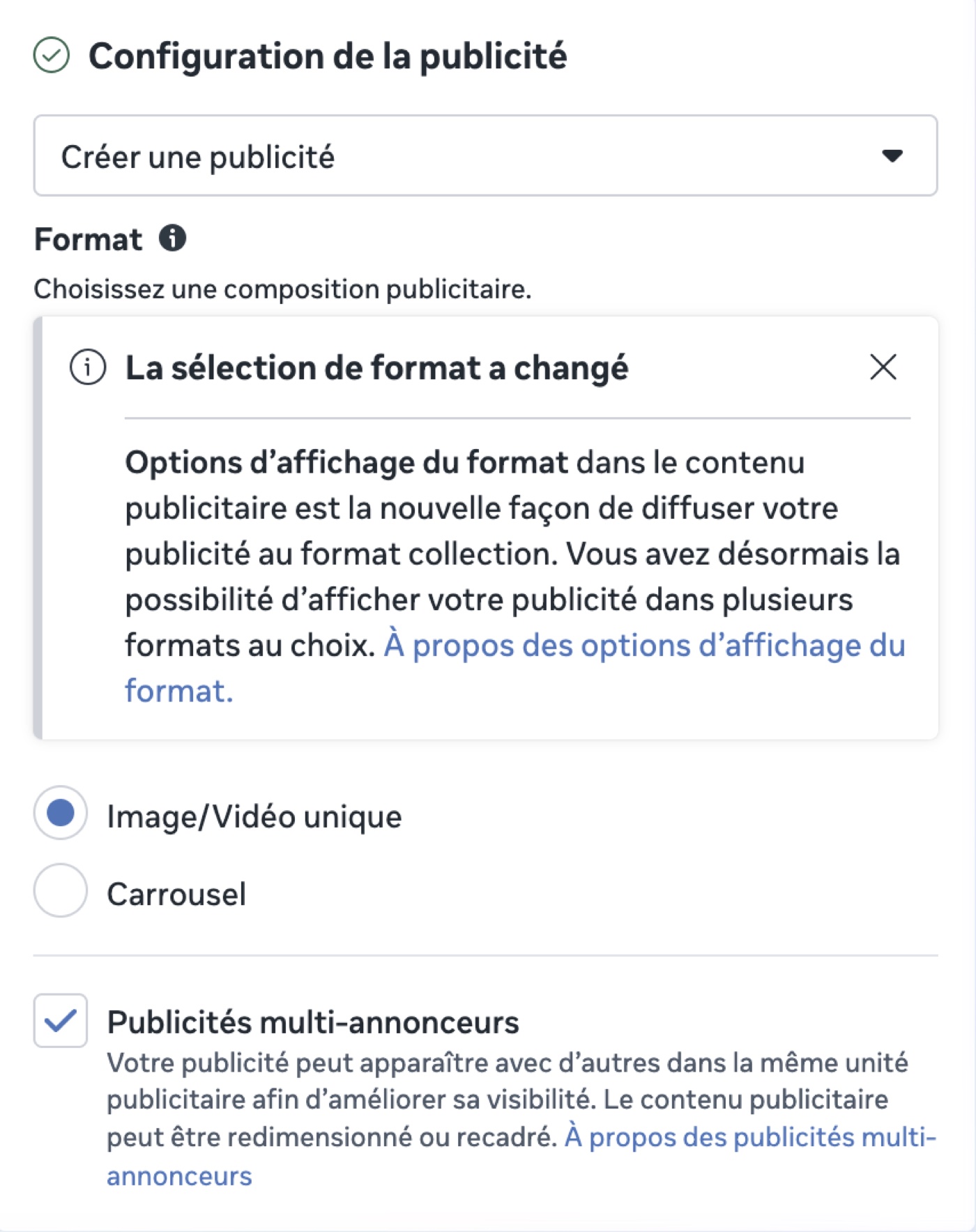 Choix du format de publicité dans le gestionnaire Meta