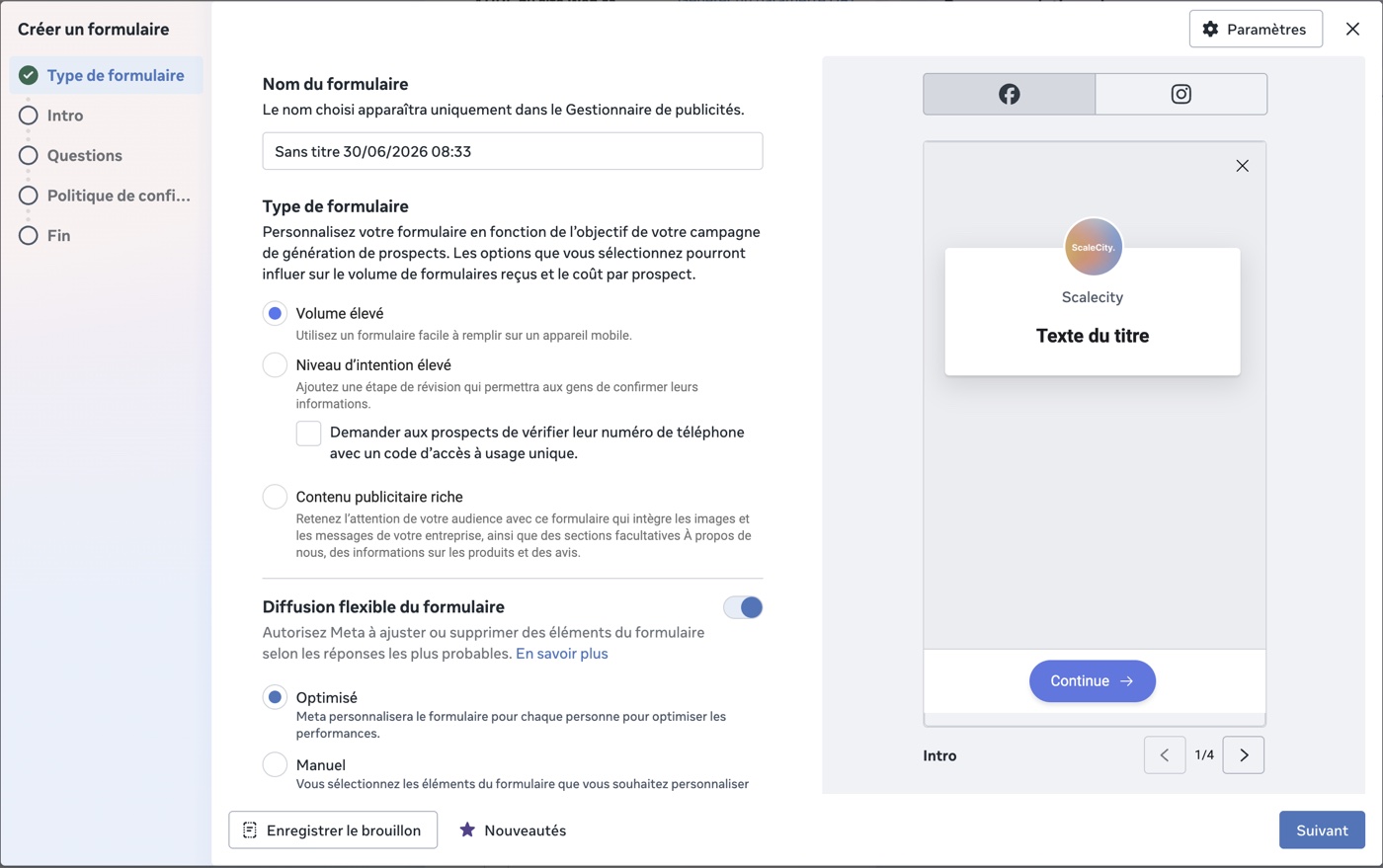 Création d'un formulaire instantané Meta Lead Ads