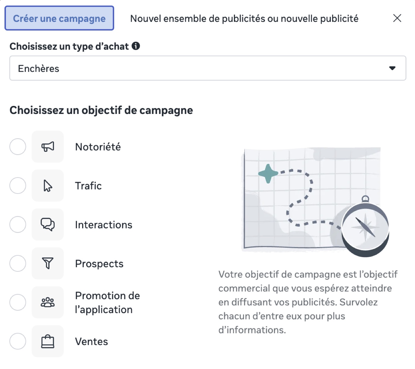 Sélection de l'objectif de campagne dans le gestionnaire Meta